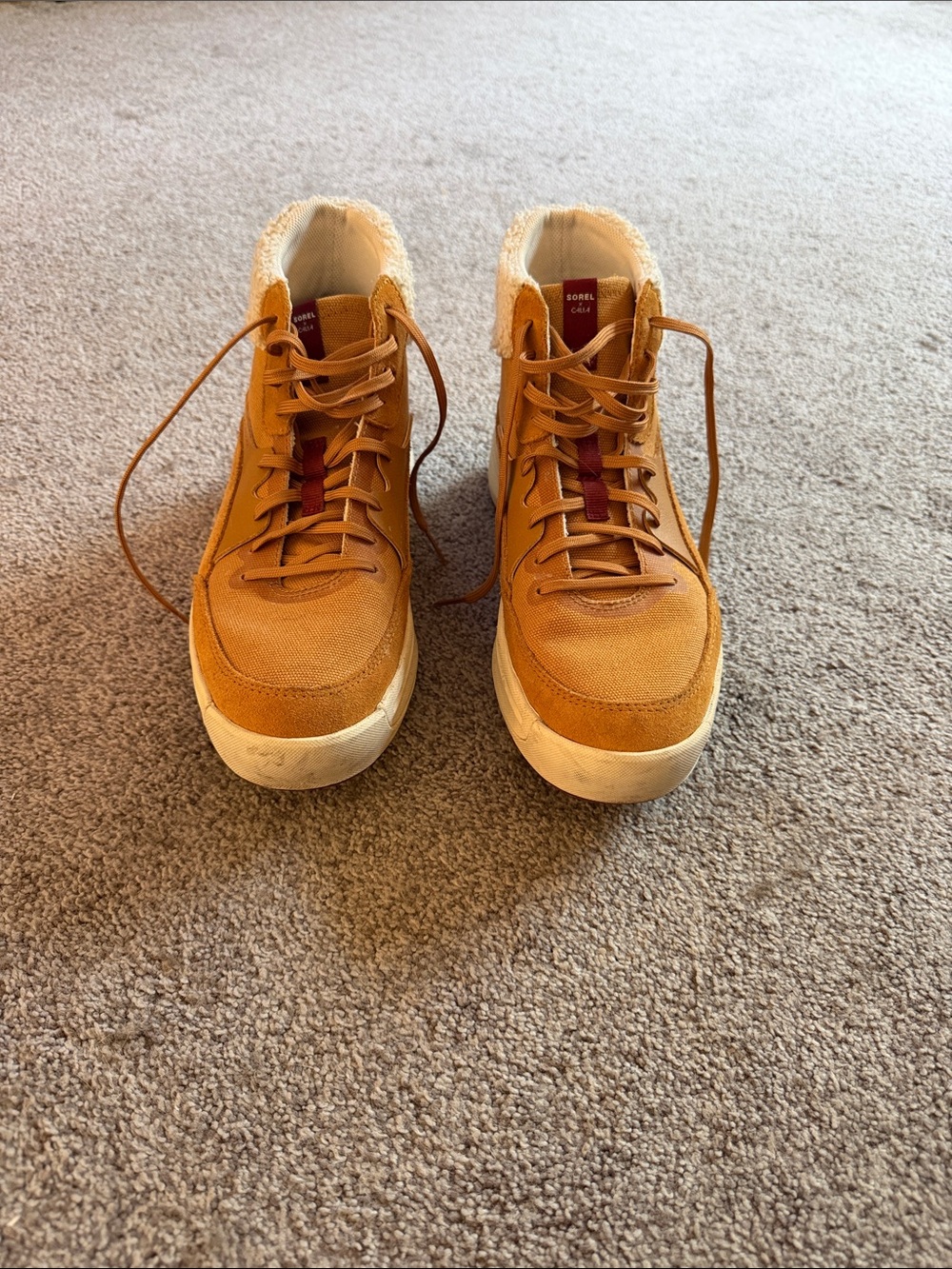 Sorel Women's Tan High-Top Lace-Up Boots with Burgundy Tongue Accent